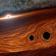 Conceptual image of two black holes on the cusp of merging, situated within the gaseous disk of a nearby supermassive black hole (the bright spot in the background).